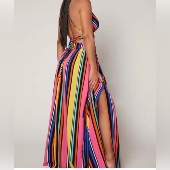 Sexy Multi color Striped plunge front crisscross tie backless maxi dress size XS - Picture 1 of 4